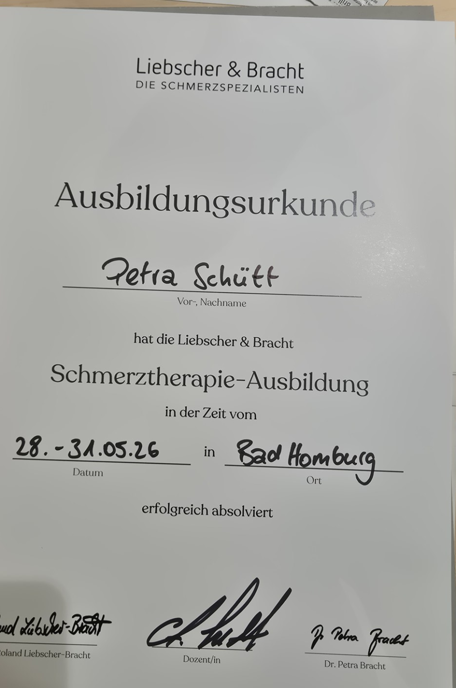 Ausbildungsurkunde Liebscher &amp; Bracht